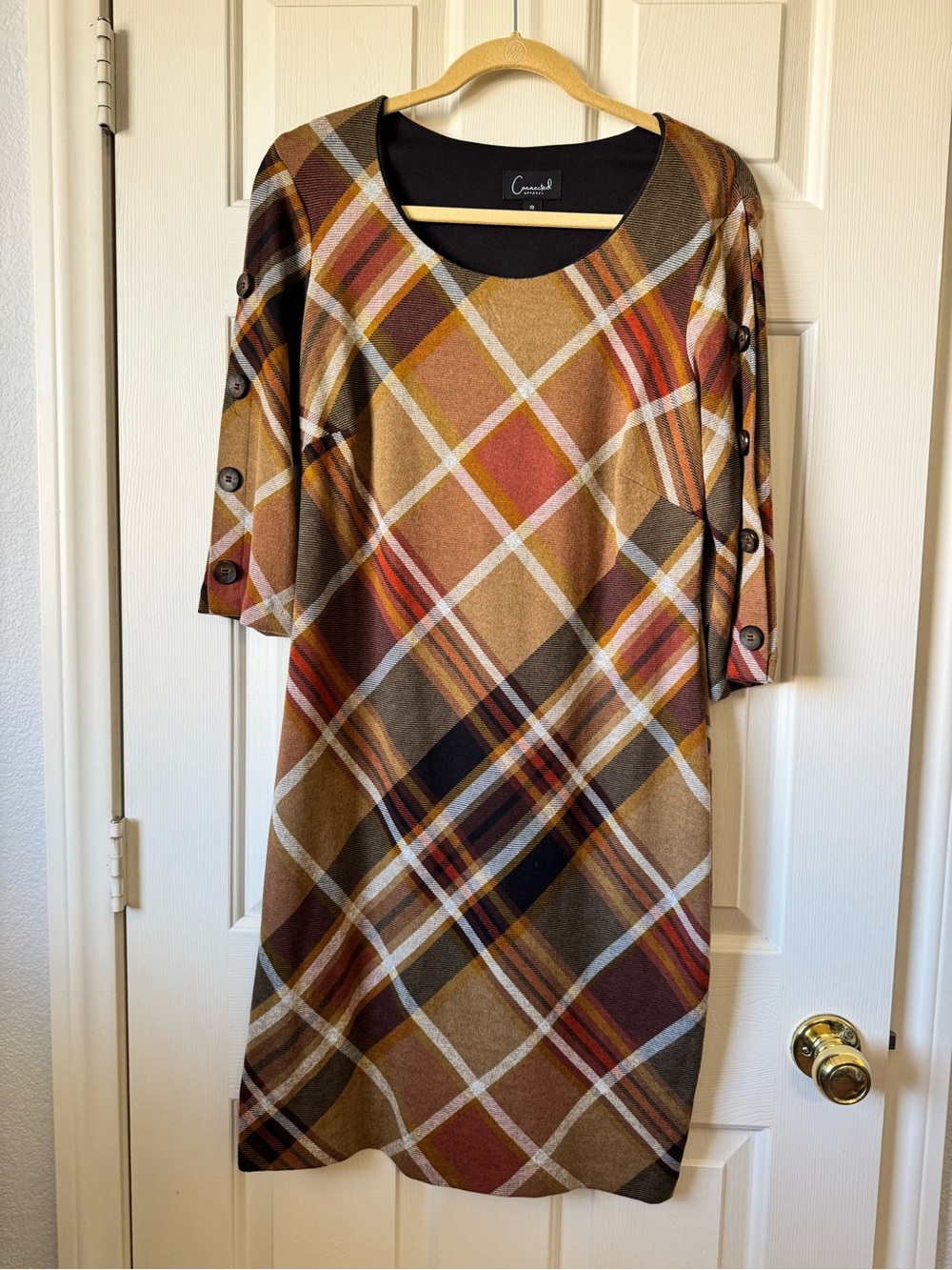 connected apparel Plaid Midi Dress in Rust, Brown, Gold and Black